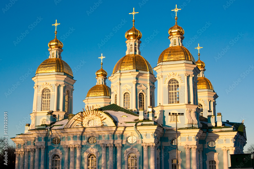 evening view of Nikolsky Cathedral on blue sky background. Russia Saint Petersburg