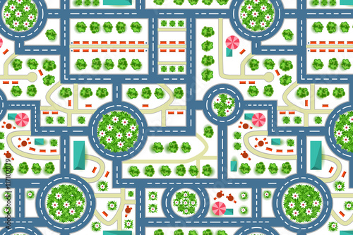 Map of a top view from the city. Road and trees pattern