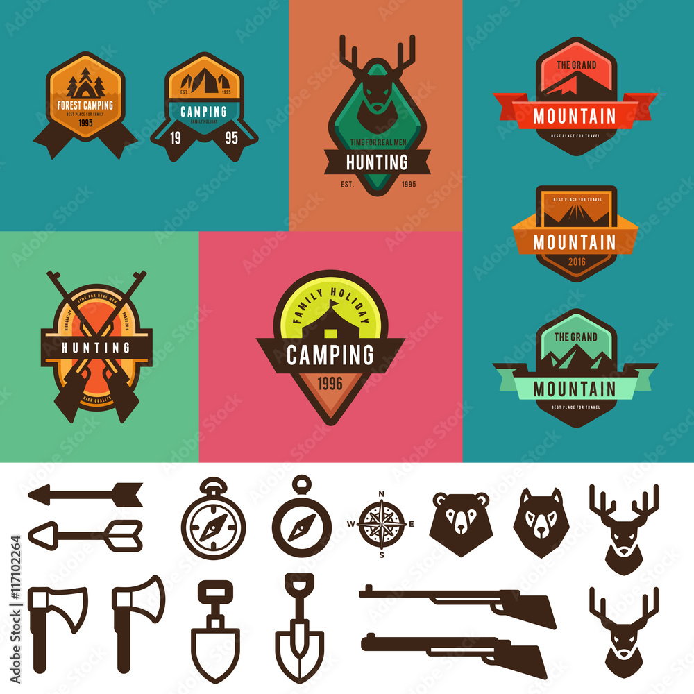 Naklejka premium Hunting Camping Vintage Labels vector design Tourism Logos Icons