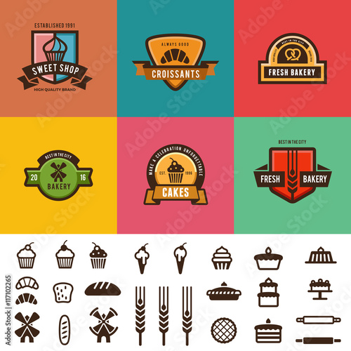 Bakery Shop Vintage Labels Logo vector design. Candy Icons