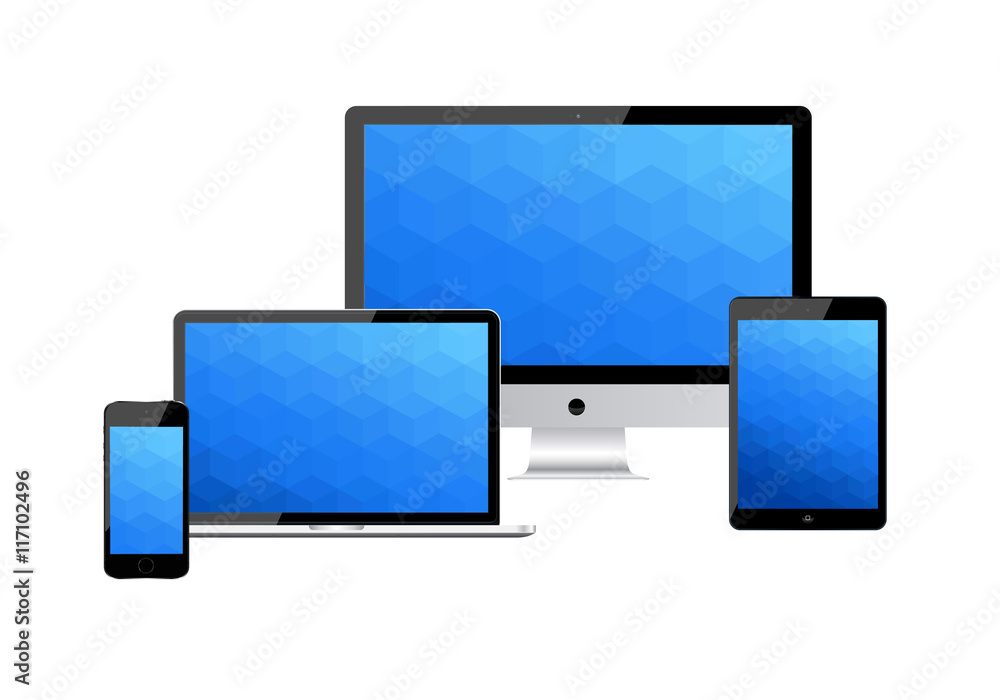 Set of realistic computer monitor, laptop, tablet and mobile phone with empty white screen. Various modern electronic gadget isolated on white background. Vector illustration EPS10 Set of realistic computer monitor, laptop, tablet and mobile phone with empty white screen. Various modern electronic gadget isolated on white background. Vector illustration EPS10