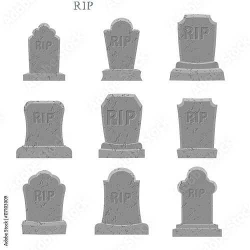 Tomb set. Ancient RIP. Collection of gravestones. Grave on white