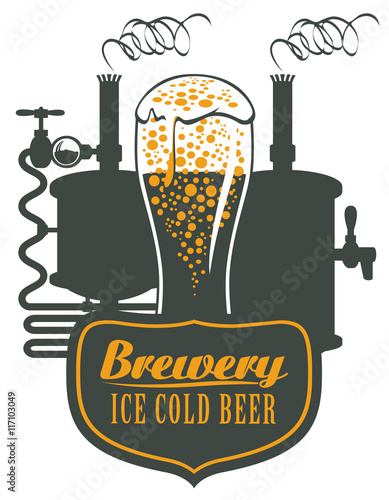 banner for the brewery with a glass of beer and brewing machine
