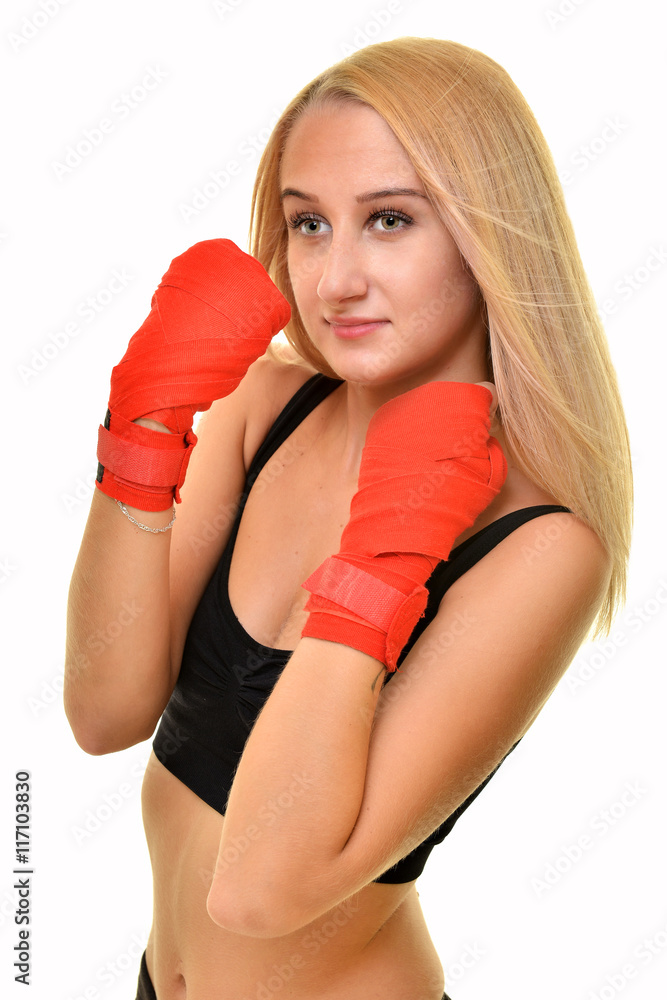 beautiful woman with the red boxing gloves, studio shot beautiful woman with the red boxing gloves, studio shot