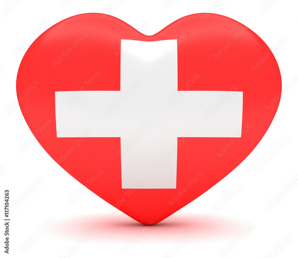 Obraz premium Love Switzerland: Swiss Cross Flag Heart, 3d illustration