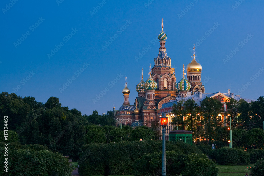 Summer view of the Field of Mars (Marsovo Polye) and Church of the Savior on Spilled Blood (Cathedral of the Resurrection of Christ) in wite night of Saint-Peteresburg city, Russia