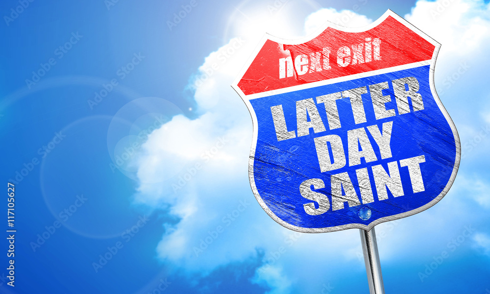 latter day saint, 3D rendering, blue street sign