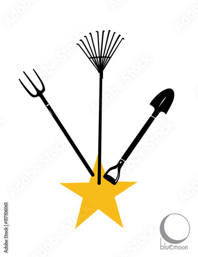 Fototapet gardening tools logo or design with yellow star, rake, shovel and pitchfork