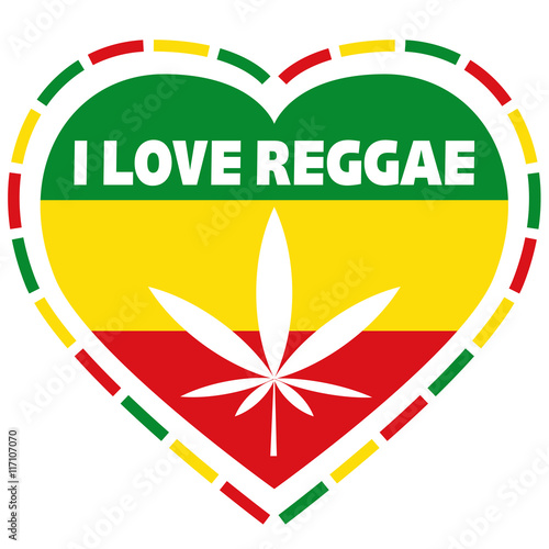 Rasta logo in rastafarian colours, heart shape with marijuana leaf, vector illustration
