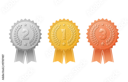 Gold, silver, bronze award badges with color ribbons vector set. Metal medal trophy seals for winners of the 1st, 2nd & 3rd places.