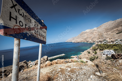 Shoot through road sign near Jora Sfakion town on Crete island, Greece