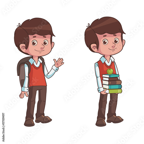 Cute Cartoon Schoolboy with Backpack and Books