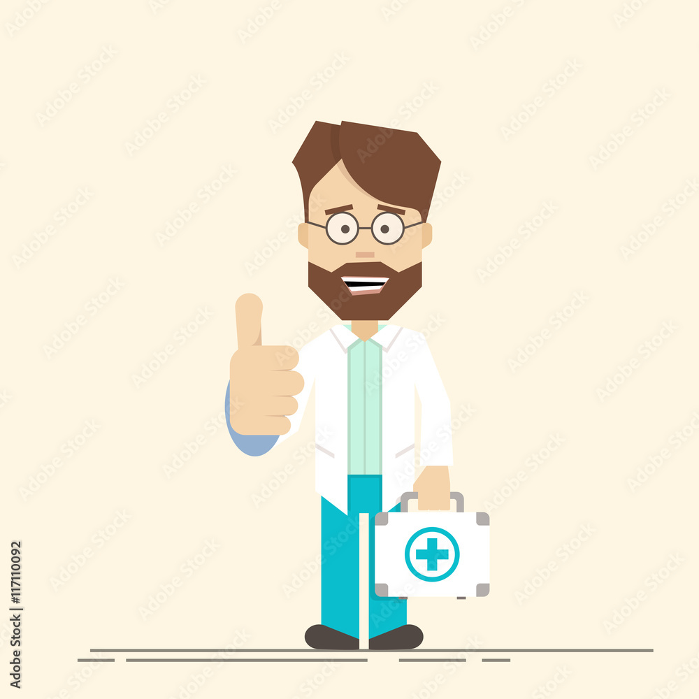 Happy doctor with suitcase in hand. Man showing thumb up. Medical worker in a working jacket. Vector cartoon character in flat style. Happy doctor with suitcase in hand. Man showing thumb up. Medical worker in a working jacket. Vector cartoon character in flat style.