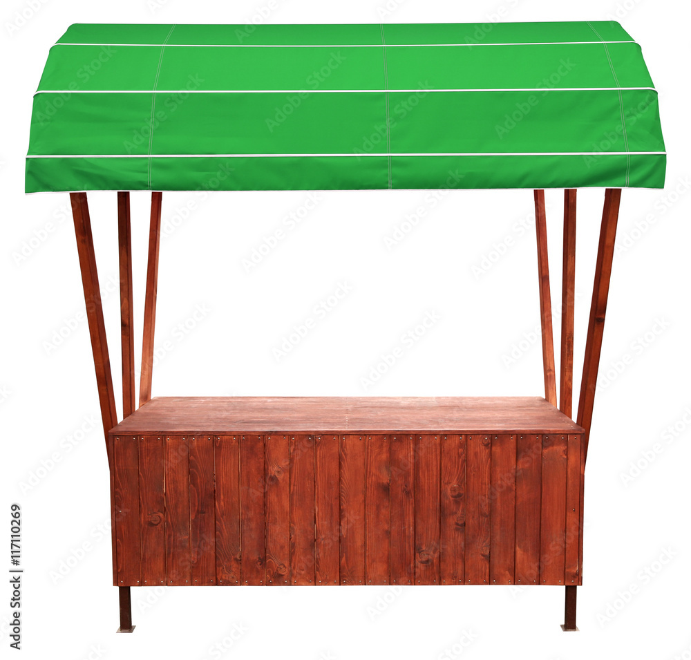 Wooden market stand stall with green awning Wooden market stand stall with green awning