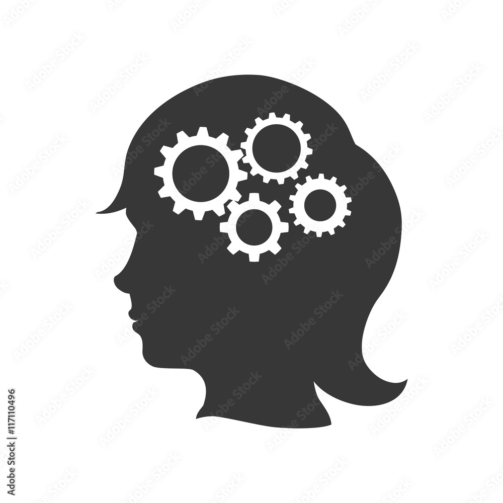 Machine part concept represented by gear icon inside female silhouette head. Isolated and flat illustration Machine part concept represented by gear icon inside female silhouette head. Isolated and flat illustration