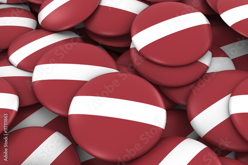 Latvia Badges Background - Pile of Latvian Flag Buttons 3D Illustration