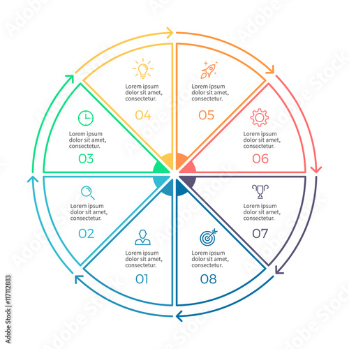 Linear infographics. Pie chart, diagram with 8 steps, options.