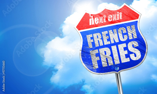 french fries, 3D rendering, blue street sign