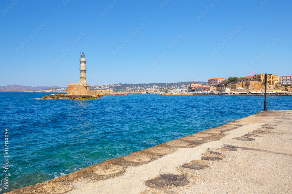 View of the old port and Lighthouse in Chania, Crete, Greece View of the old port and Lighthouse in Chania, Crete, Greece
