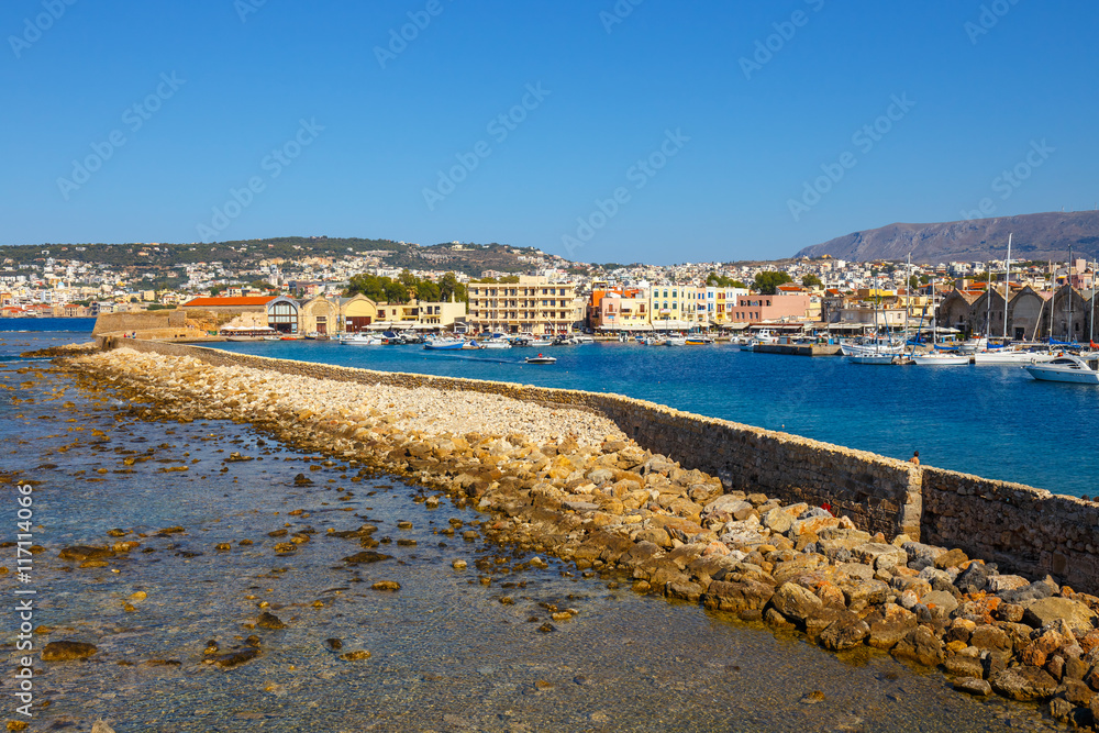 View of the old harbor in Chania, Greece