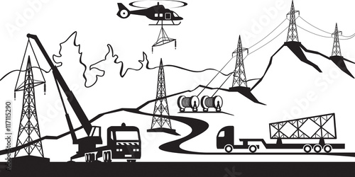 Construction of electric transmission line - vector illustration