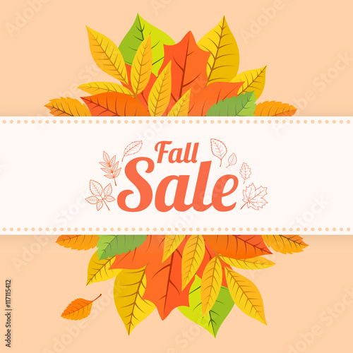 Colorful autumn leaves and sale text.