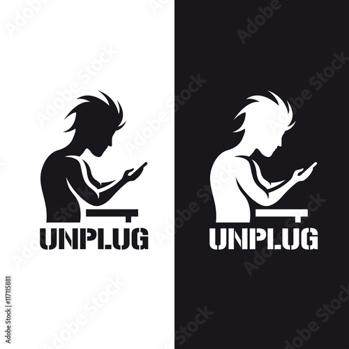 Silhouette of a man staring at his phone. Monochrome stencil vintage vector illustration.