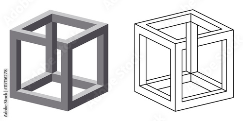 Impossible cube optical illusion. Also known as irrational cube an impossible object invented by M.C. Escher. Viewed from a certain angle, this cube appears to defy the laws of geometry. Illustration.