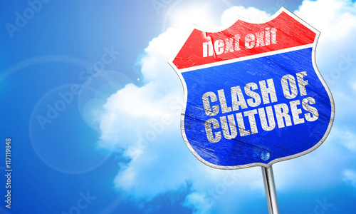 Bilde på lerret clash of cultures, 3D rendering, blue street sign