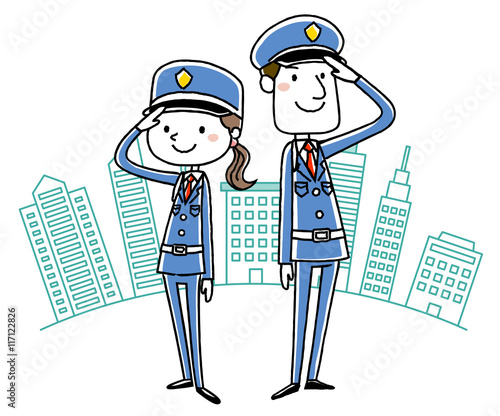 警備員：敬礼する男女
