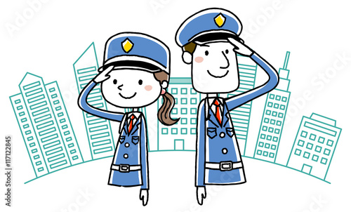 警備員：敬礼する男女
