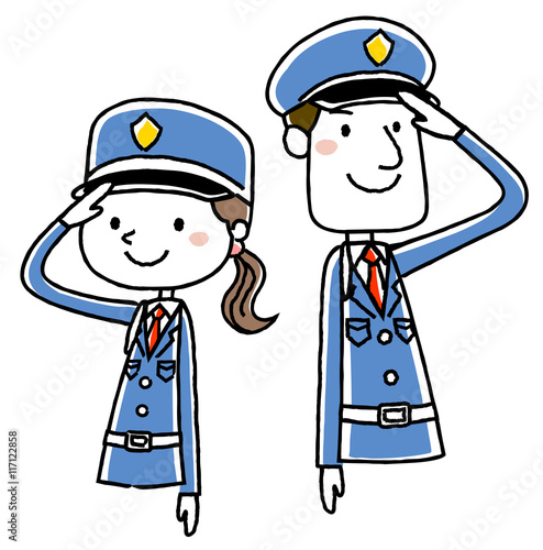 警備員：敬礼する男女
