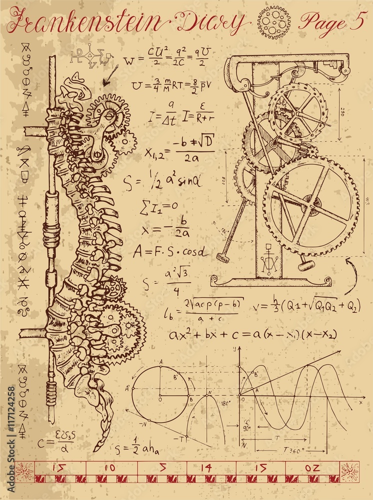 Frankenstein Diary with steampunk mechanism in human anatomy backbone Frankenstein Diary with steampunk mechanism in human anatomy backbone