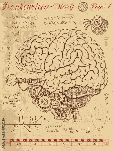 Frankenstein Diary with mechanical human brain, eye and formulas photo