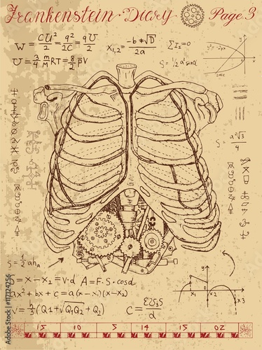 Frankenstein Diary with human anatomy chest and steampunk mechanism in ribs