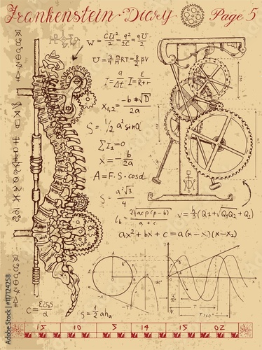 Frankenstein Diary with steampunk mechanism in human anatomy backbone