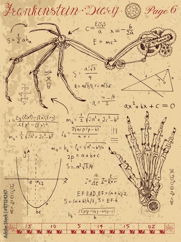 Frankenstein Diary with steampunk mechanism in fantasy wing and hand