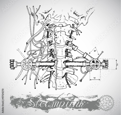 Fototapeta Naklejka Na Ścianę i Meble -  Human anatomy throat with vintage mechanism in steampunk style