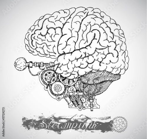 Human anatomy brain with vintage mechanism in steampunk style