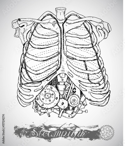 Human anatomy chest with vintage mechanism in steampunk style