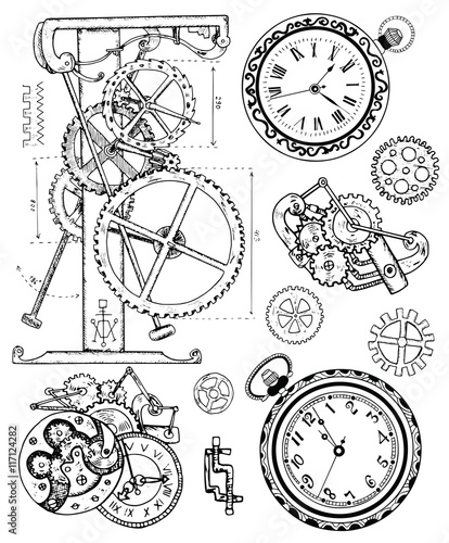 Graphic set with old clock mechanism in steampunk style