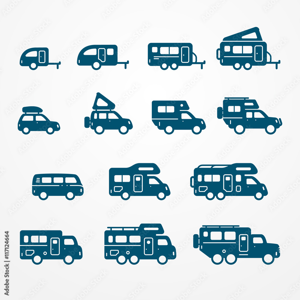 Set of camping car icons in flat silhouette style. Travel SUV, pickup, truck and trailer icons. Transport vector stock illustration. Set of camping car icons in flat silhouette style. Travel SUV, pickup, truck and trailer icons. Transport vector stock illustration.