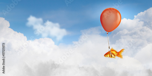 Goldfish fly on balloon . Mixed media