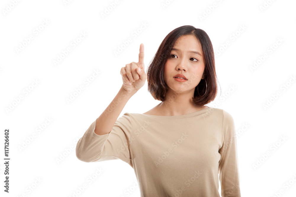 Asian business woman touching the screen with her finger Asian business woman touching the screen with her finger