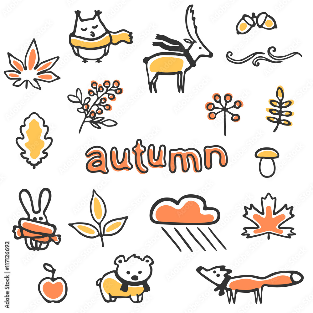 Set of autumn illustrations. Vector animals and plants isolated on white. Deer, owl and rabbit in cartoon style. Doodle fox and bear. Funny animals wear scarves. Cute childish design