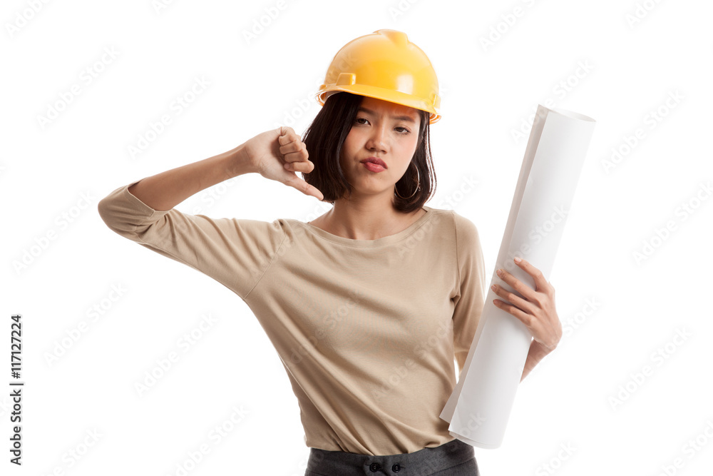 Asian engineer woman thumbs down with blueprints Asian engineer woman thumbs down with blueprints