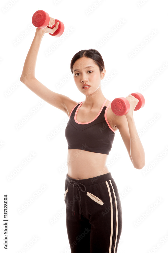 Beautiful Asian healthy girl exercise with dumbbell Beautiful Asian healthy girl exercise with dumbbell