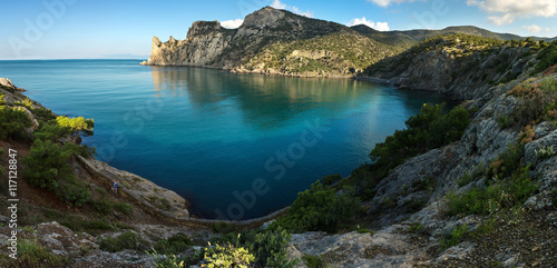 Panorama of Blue bay and mount Karaul-Oba. Mountains in Crimea at Black sea.