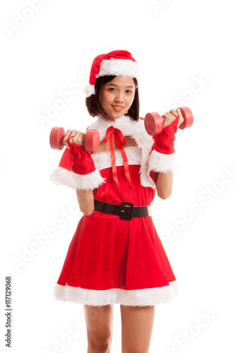 Asian Christmas Santa Claus girl and dumbbells