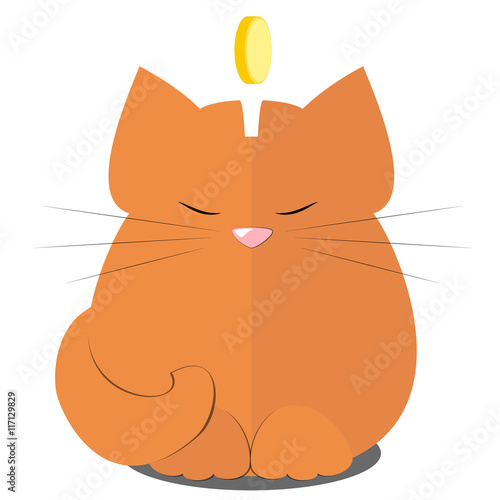 Cat bank, red cat, sitting, sleeping, money falls in the bank